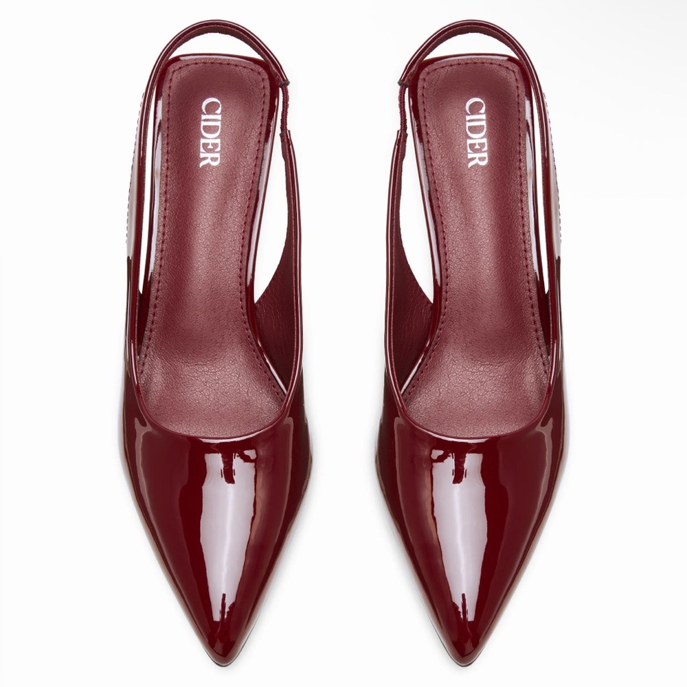 METALLIC POINTED TOE SLINGBACK KITTEN HEELS - WINE